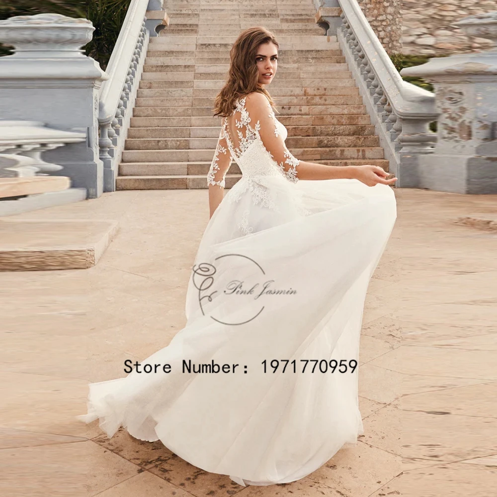 Eleganti abiti da sposa per donna mezze maniche Illusion Scoop Neck abiti da sposa Applique in pizzo civile a-line vestido de noiva