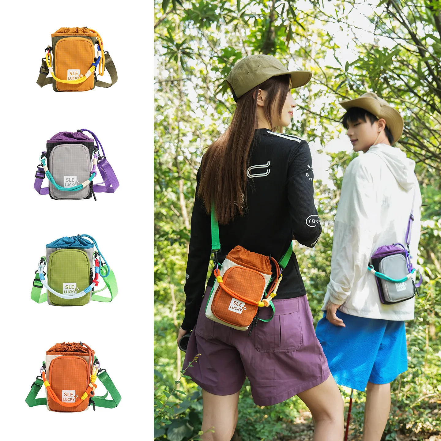 Crossbody Bag for Women Lightweight Multi-Pocket Shoulder Bag with Contrasting Colors and Drawstring Closure Orange/White/Green
