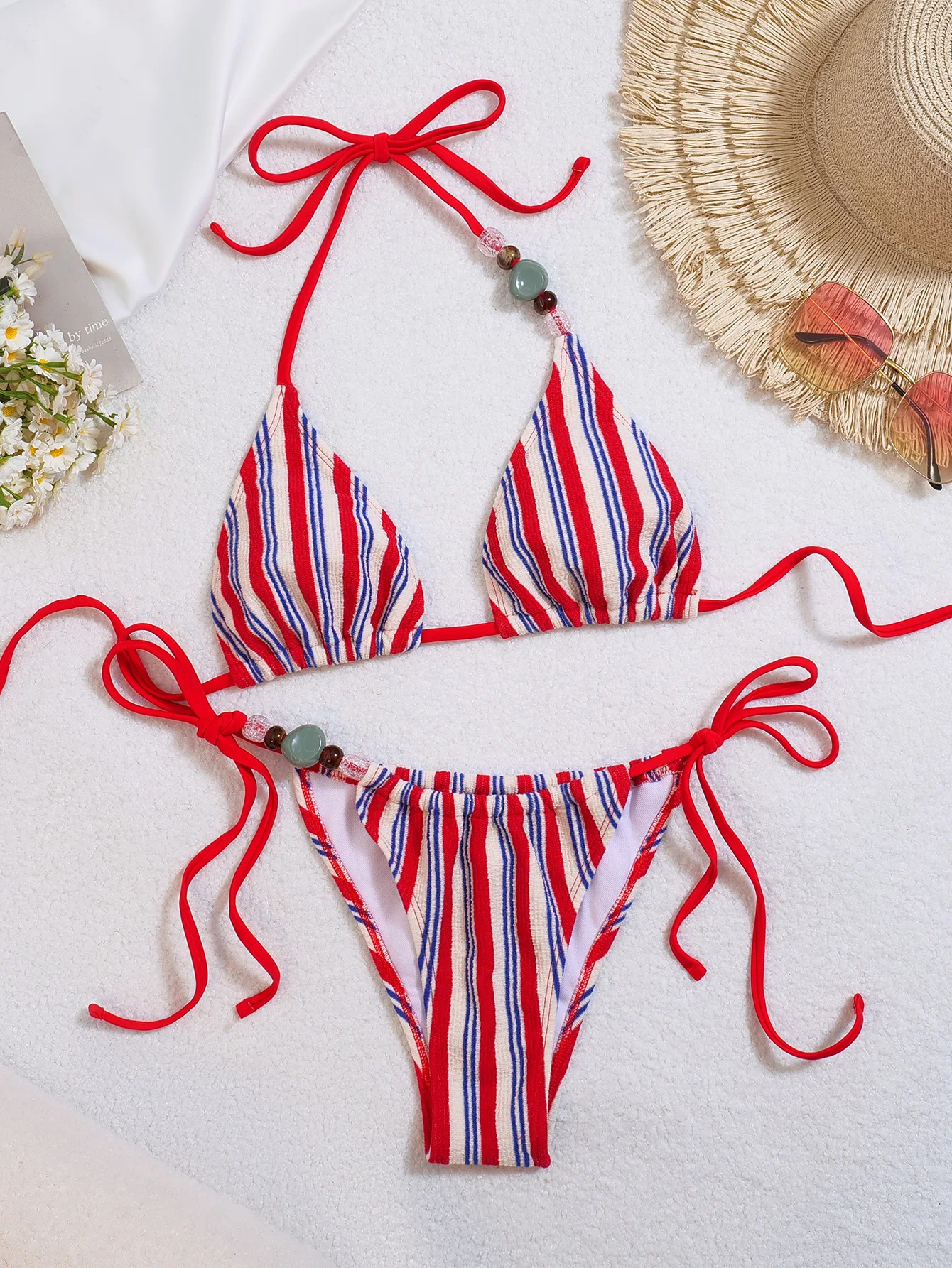 

sexy red striped beads bikinis sets two pieces halter tie thong swimsuits bathing suit beach outfits swimwear biquini tankini