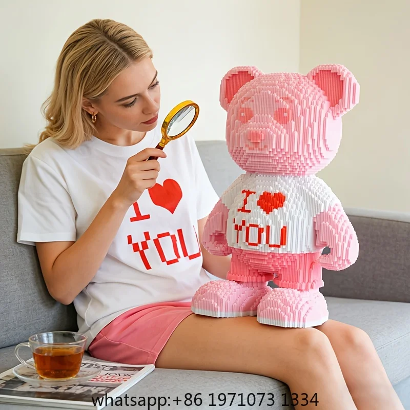 Oso Rosa con Corazón, Rompecabezas 3D, Micro Bloques de Construcción, Adorno Decorativo para Habitación, Hogar, Fiesta, Estatua, Manualidades, Animal, Oso