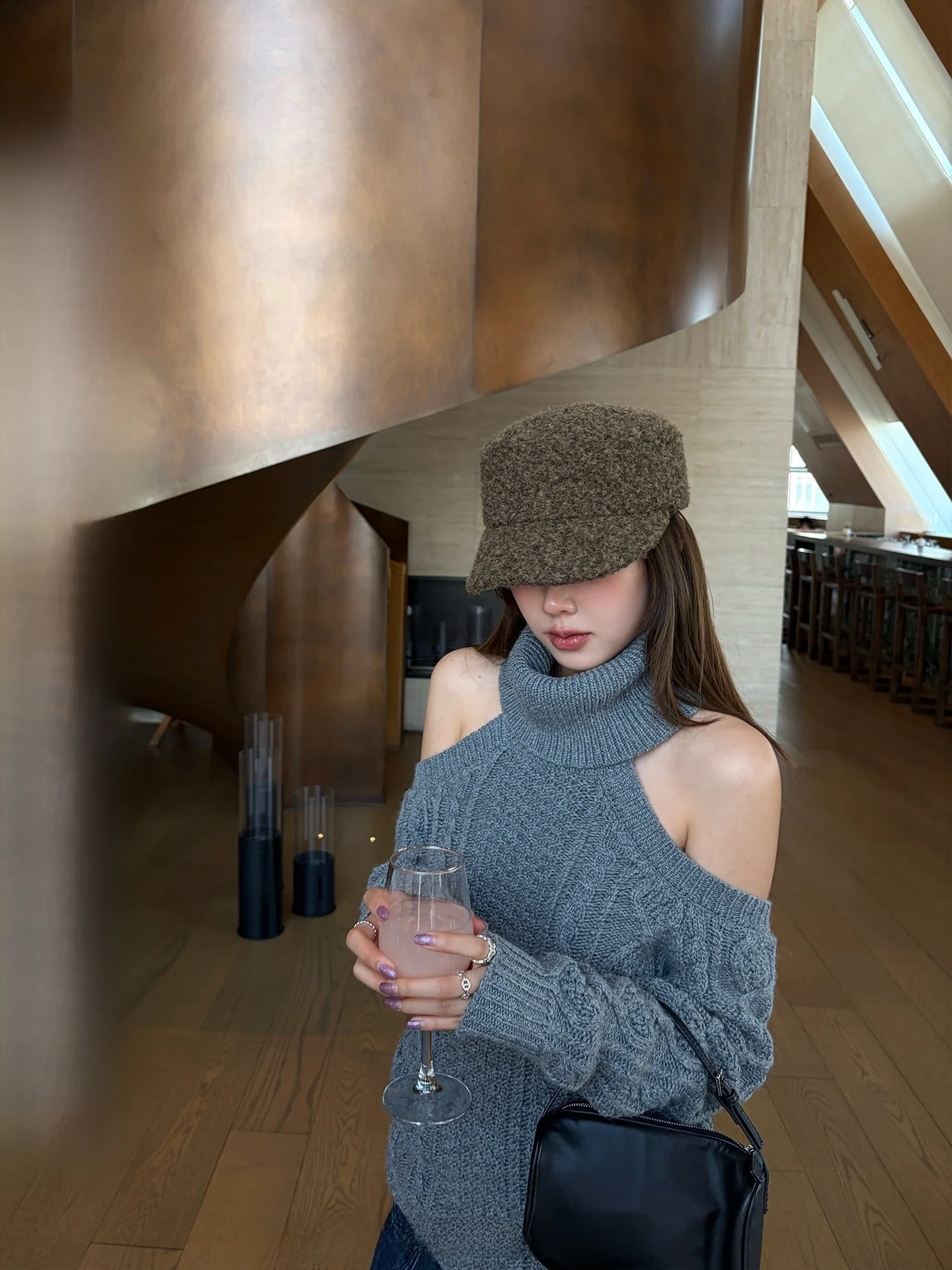 

Ranwear Knitted Rabbit Fur Sweater Shoulder Bared High Collar Long Sleeve Winter Women's Fashion Simplicity Style Polyester B...