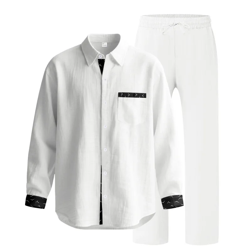

2025 Autumn Set Linen Loose Men's Vacation Casual Beach Long Sleeve Shirt Pants Set