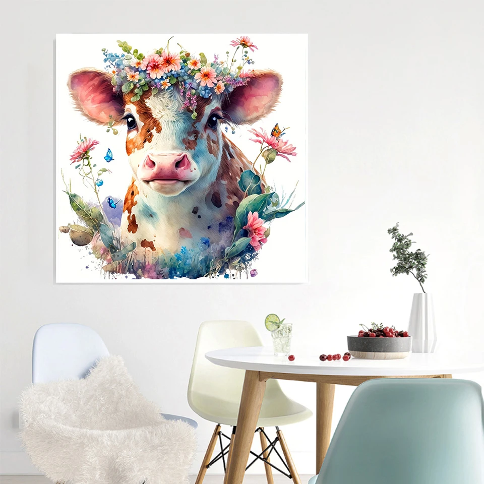 AZQSD Diamond Painting Cattle Animal Needlework Art Handmade Gift Flower Embroidery Cow 30x30cm Full Round Drill Rhinestones