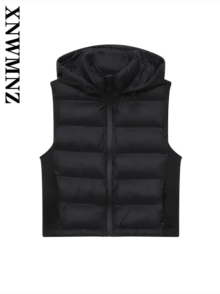 

XNWMNZ 2025 осенний женский простой пуховый жилет без рукавов с капюшоном и воротником, повседневный модный зимний женский черный сохраняющий тепло жилет
