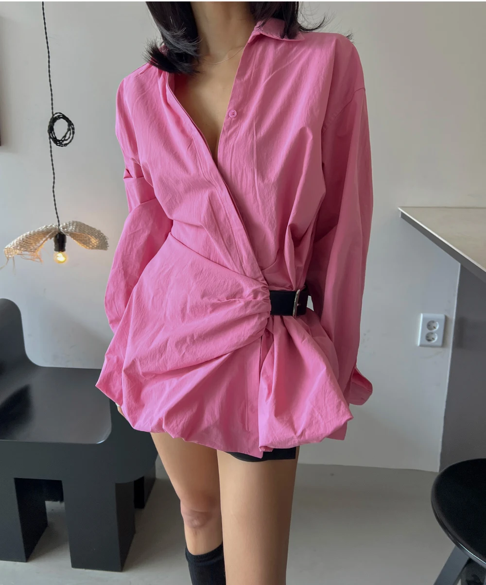 3 ألوان الخريف 2025 الكورية نمط رفض طوق قميص طويل الأكمام فضفاضة الدانتيل يصل حزام الخصر بلوزة الإناث أبلى القمم (JJ9920