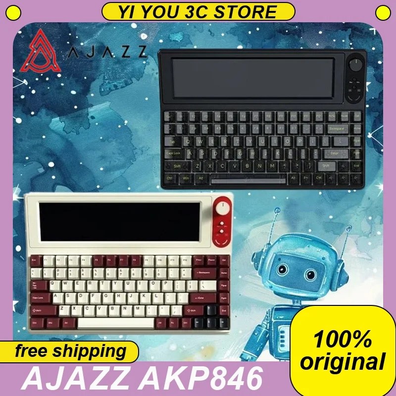 AJAZZ AKP846 Smart Screen Mechanical Keyboard Wired 10.1 Inch Color Screen 84 Keys Hot Swap Gasket Metal Knob Gaming Keyboards