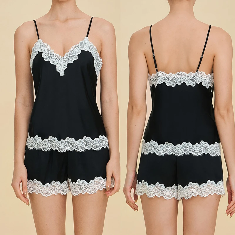 

Новый летний женский комплект пижамы на бретельках: сексуальный кружевной топ и шорты, высококачественное шелковистое атласное белье для сна