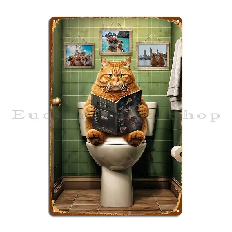 Fat Ginger Cat On The Toilet Funny Bathroom Kitty Art Metal Sign Plaques Garage Wall Cave Customize Create Tin Sign Poster