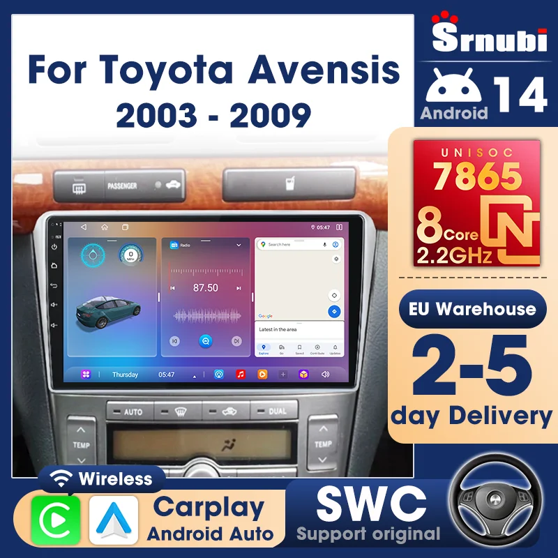 Srnubi für Toyota Avensis T25 2002 - 2008 2 Din Carplay Android 14 Auto Radio Multimedia 4G WIFI GPS Navigation UIS7865 Chip