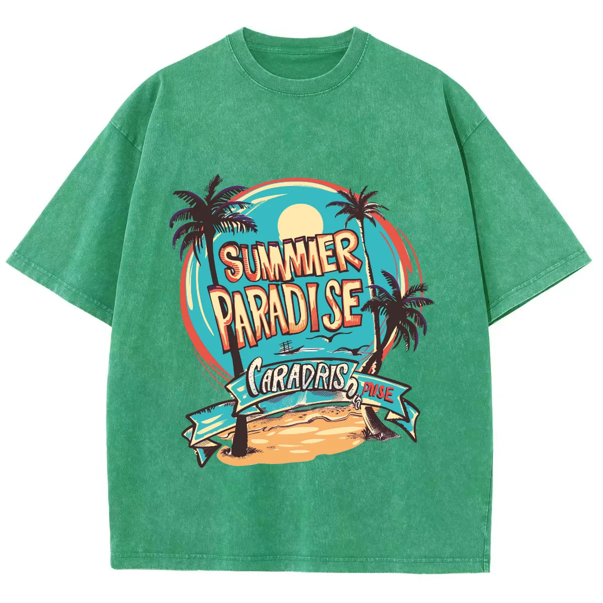 American Retro Beach Landscape Print Women's Washed T-Shirt Oversized Cotton Comfortable Short Sleeve Student Casual Street Top