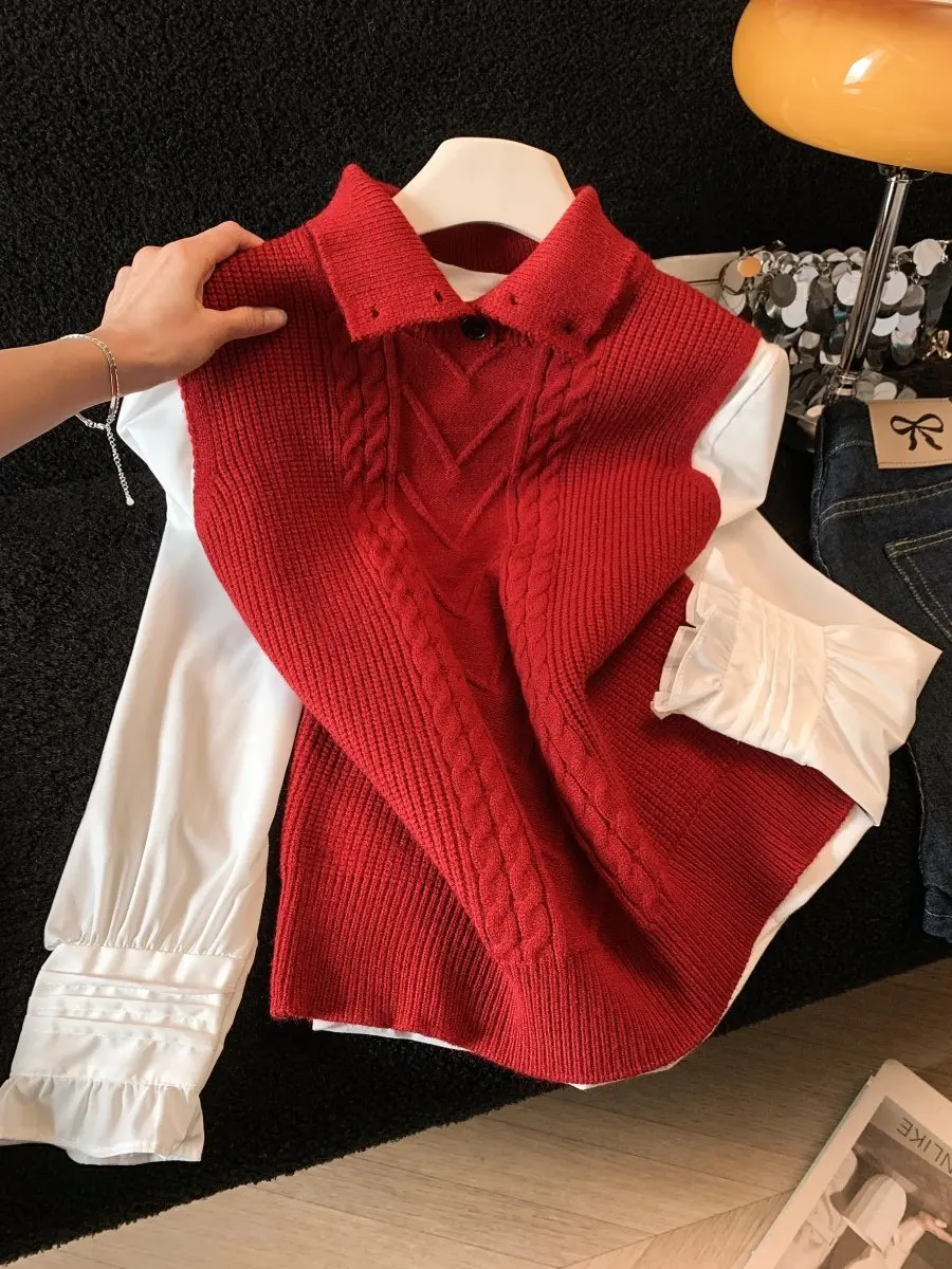 

Women's Long Sve irt Vest Top Knitted Sweater Red Overlap Two-Piece Set Comfortable Regular Fit Commute Sle Korean Fas...