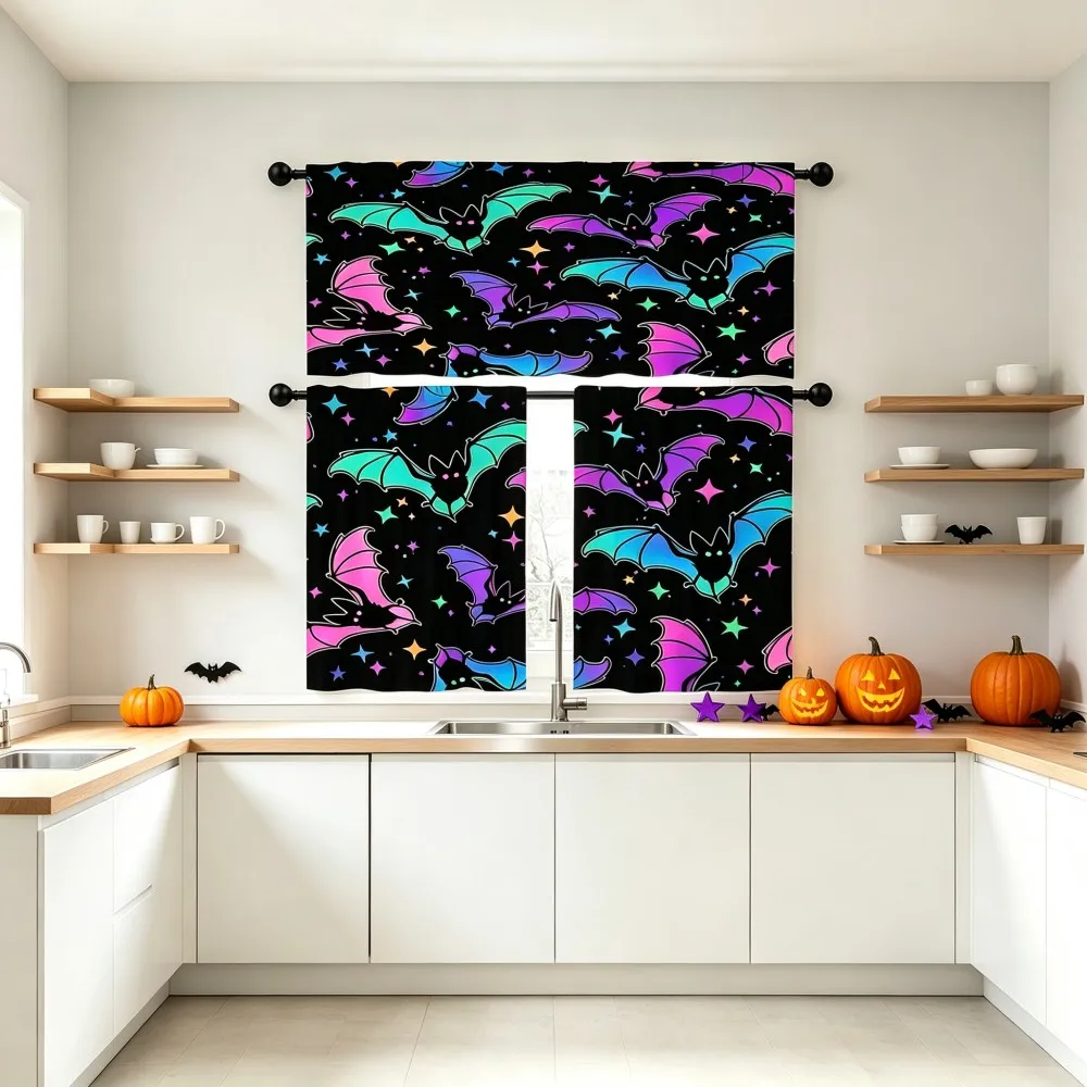 Halloween Kitchen Curtains, Neon Bat Star Purple Green, Digital Print, Kitchen Dining Room, Rod Pocket Polyester, Home Decor