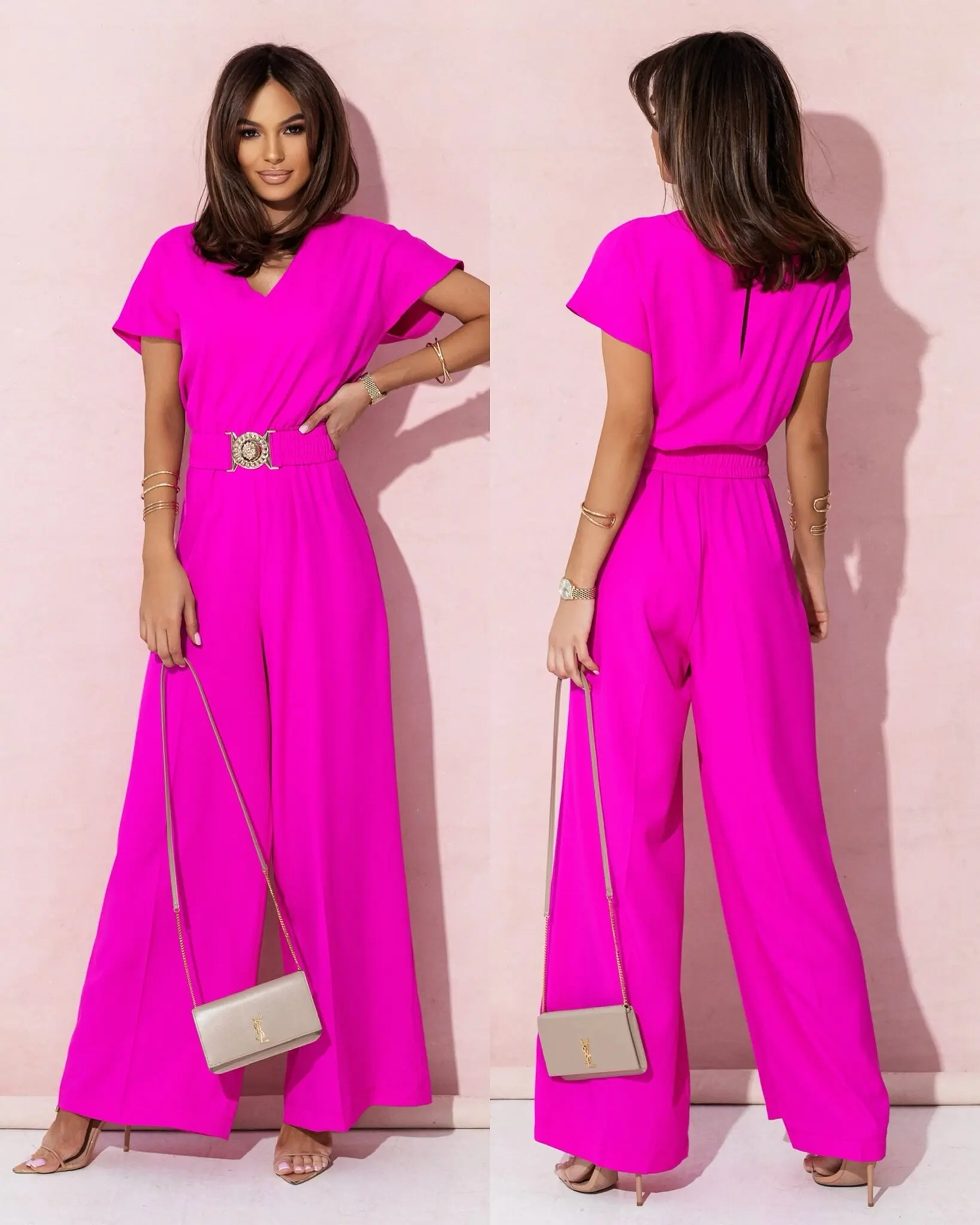 

2024 Summer Female Jumpsuits Solid Color V-neck Bat Sleeve Wide Legs Women's Overalls with Belt Long Loose Office Lady Rompers