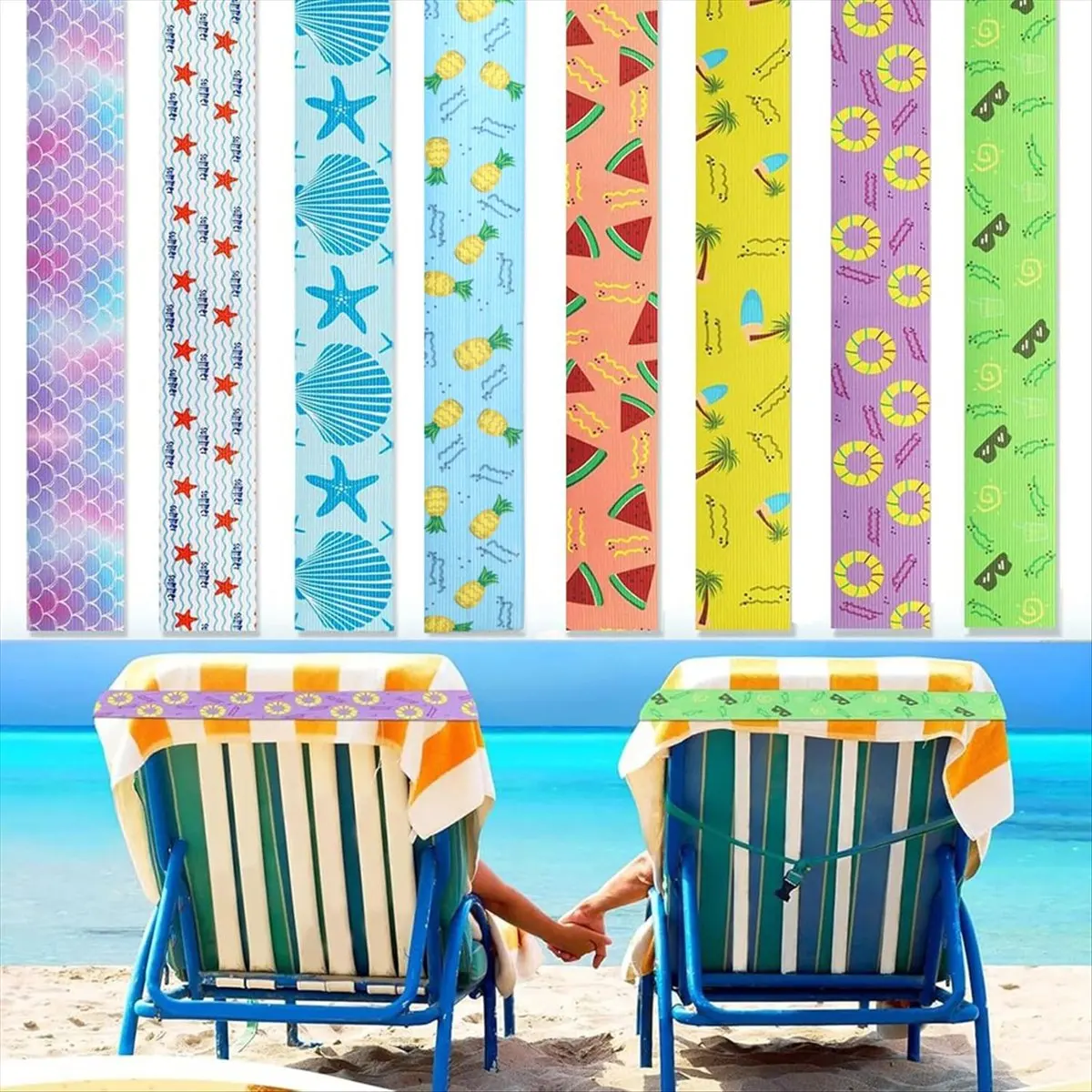 BAAQ 8 PCS Towel Bands for Beach Chairs,15.75 X 1.96in Stretchable Rubber Beach Towels Bands,Windproof Beach Towel Clips