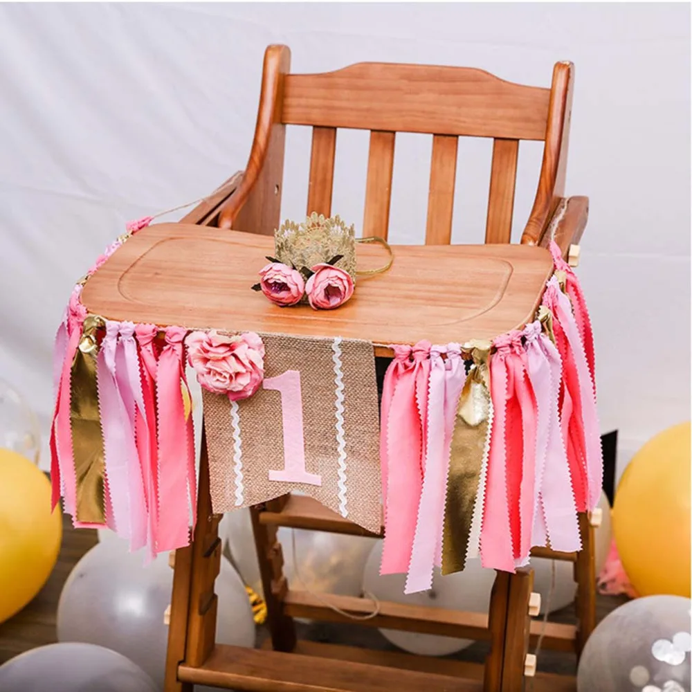 2023 High Quality Baby First Birthday Pink Chair Banner ONE Year 1st Birthday Party Decoration Boy Girl Bunting Supplies