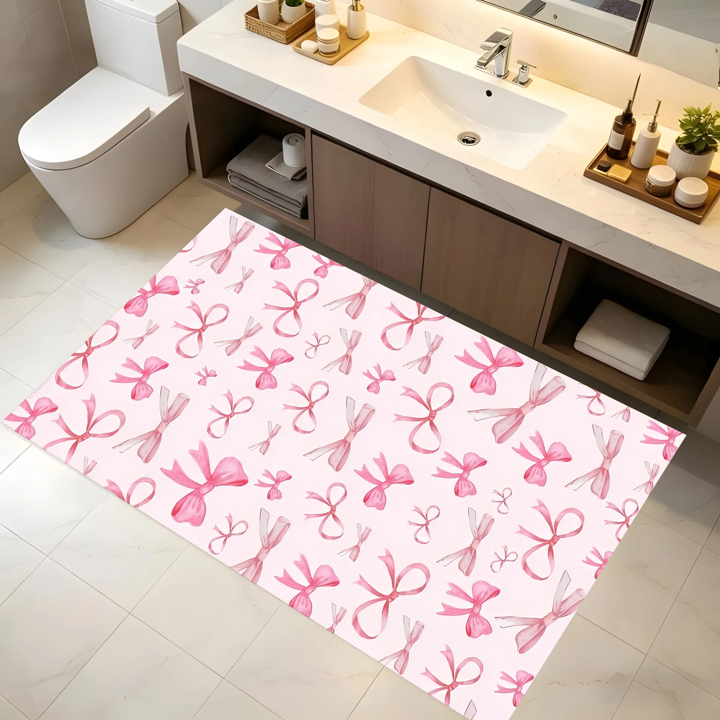 2D Watercolor Pink Bow Print Rug Sweet Girly Style Bedroom Living Room Dressing Room Carpet