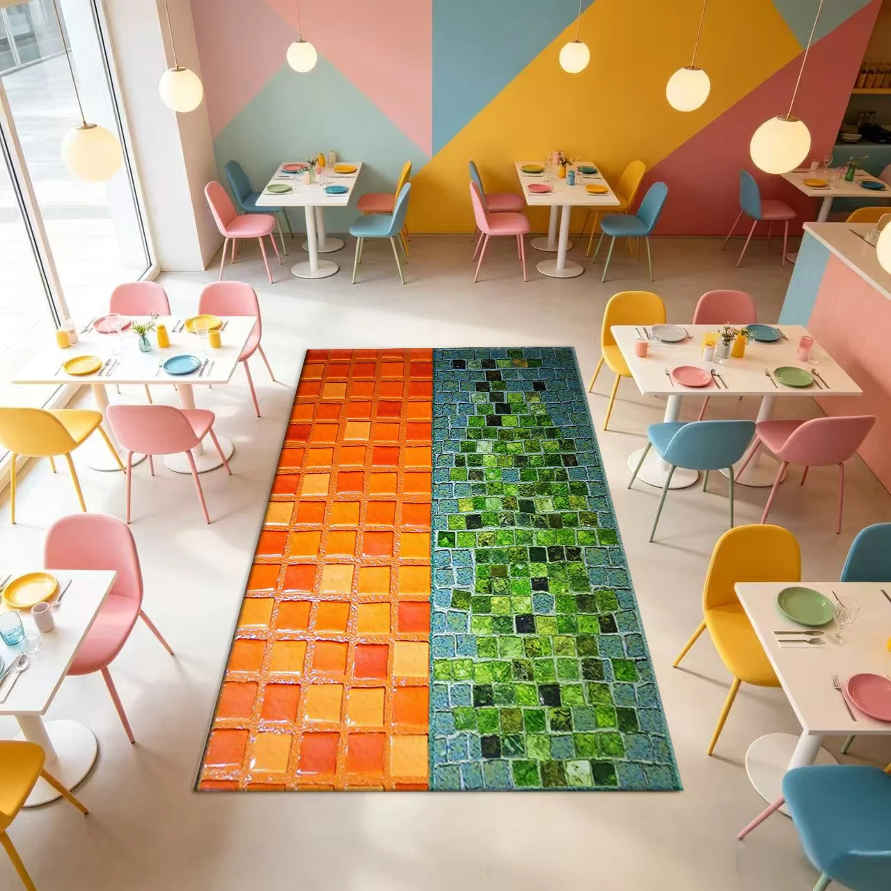 Green and Orange Color-Blocked Mosaic Tile Carpet in Retro Collage Style for Home Hallway Flooring