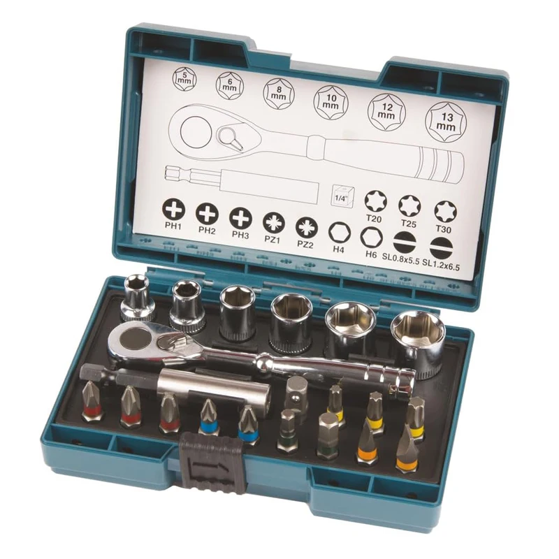 Makita B-54081 21-Piece Screw Bit Ratchet Set Multifunctional Sturdy Durable 1/4 Hex Shank With Case Holder Hand Tool