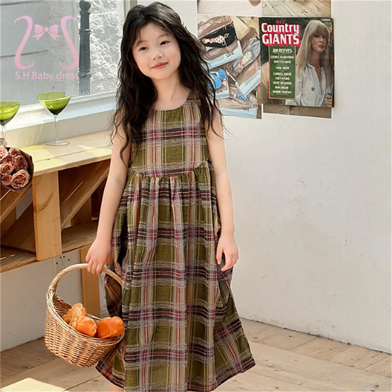 Retro Baby Girls Summer Comfortable Dress Fashion Children Clothing Lattice Kids' Wear 1-7 Years Old Toddler Sleeveless Dresses