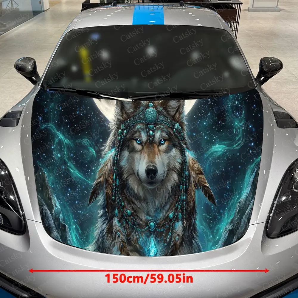 Moon-Spirited Shaman Wolf Car Vinyl Wrap, PVC Waterproof Car Hood Sticker, Self-Adhesive Scratch-Resistant Stickers
