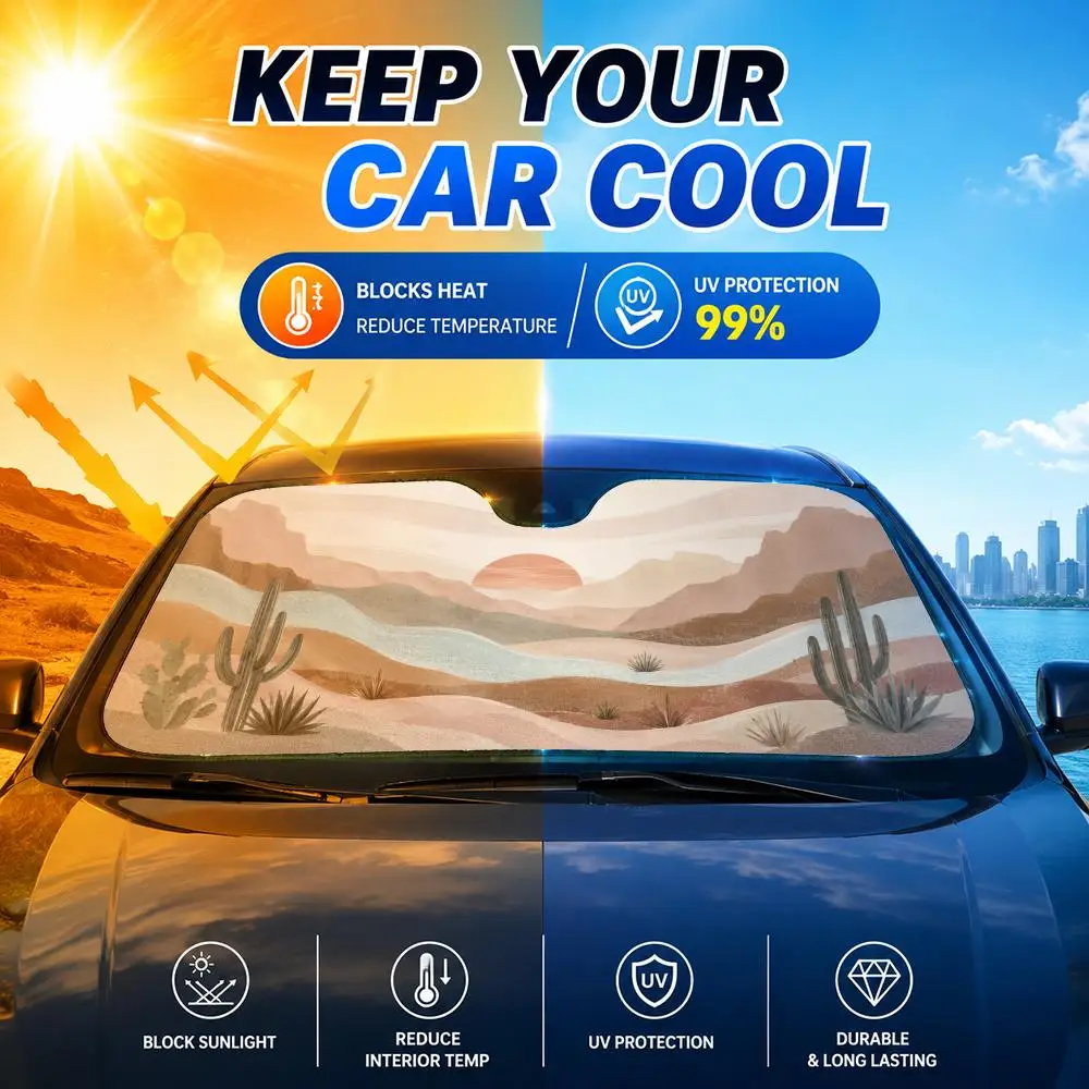 Boho Sunset Desert Sun Cactus Sun Visor Reusable Aluminum Foil Car Windshield Sun Visor UV Protector Heat Insulation Cover Shade