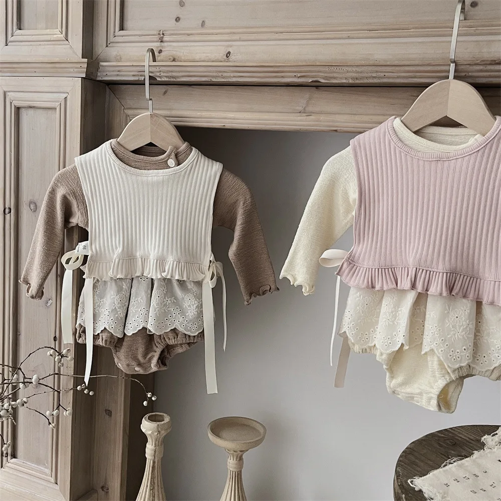 2024 Autumn New Baby Girl Long Sleeve Cotton Bodysuit Newborn Infant Girl Lace Jumpsuit Toddler Solid Vest Baby Outfits 0-24M