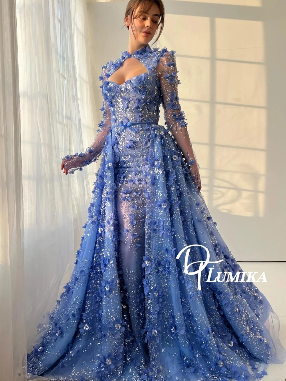 

Романтическое синее вечернее платье из прозрачной сетки с 3D цветочным принтом и высоким воротом, изящное платье для выпускного вечера 2 в 1, ослепительная одежда на заказ