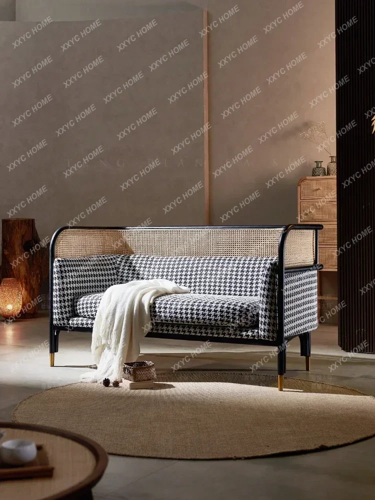 Solid Wood Rattan Sofa Three-Seat Coffee Table Combination Small Apartment Living Room Simple Double Leisure Couch