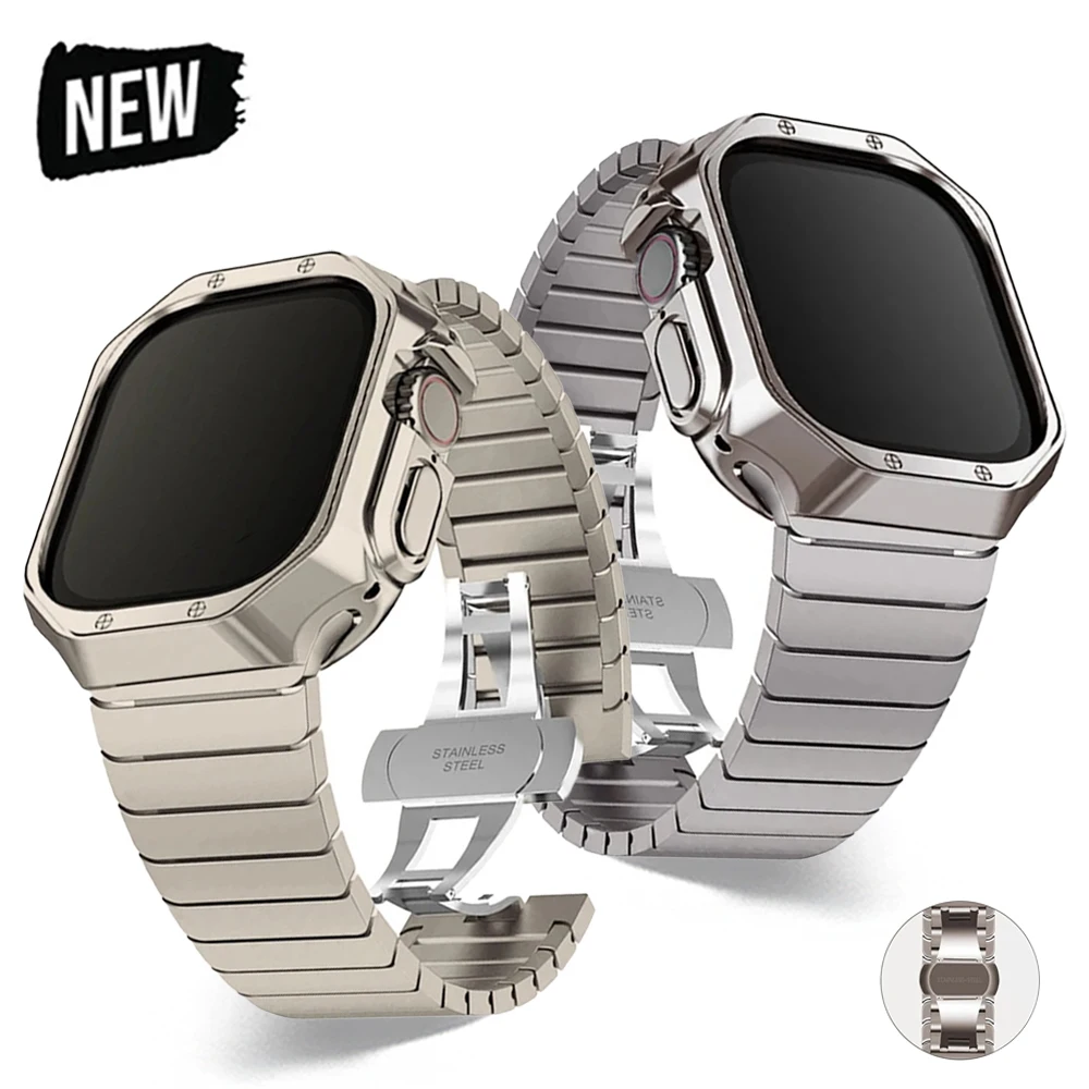 

Роскошный браслет из нержавеющей стали для Apple Watch Ultra 2 49 мм 9 8 7 45 мм 42 44 фото + звеньевой ремешок для iWatch 6 5 4 3 SE 38 мм 40