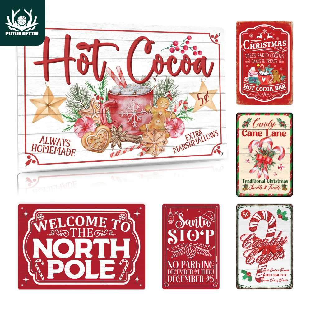 Putuo Decor 1 Stück Vintage-Metallblechschild, Hot Cocoa Welcome to the North Pole Santa Stop, für Weihnachtsfeier, Weihnachtsgeschenk