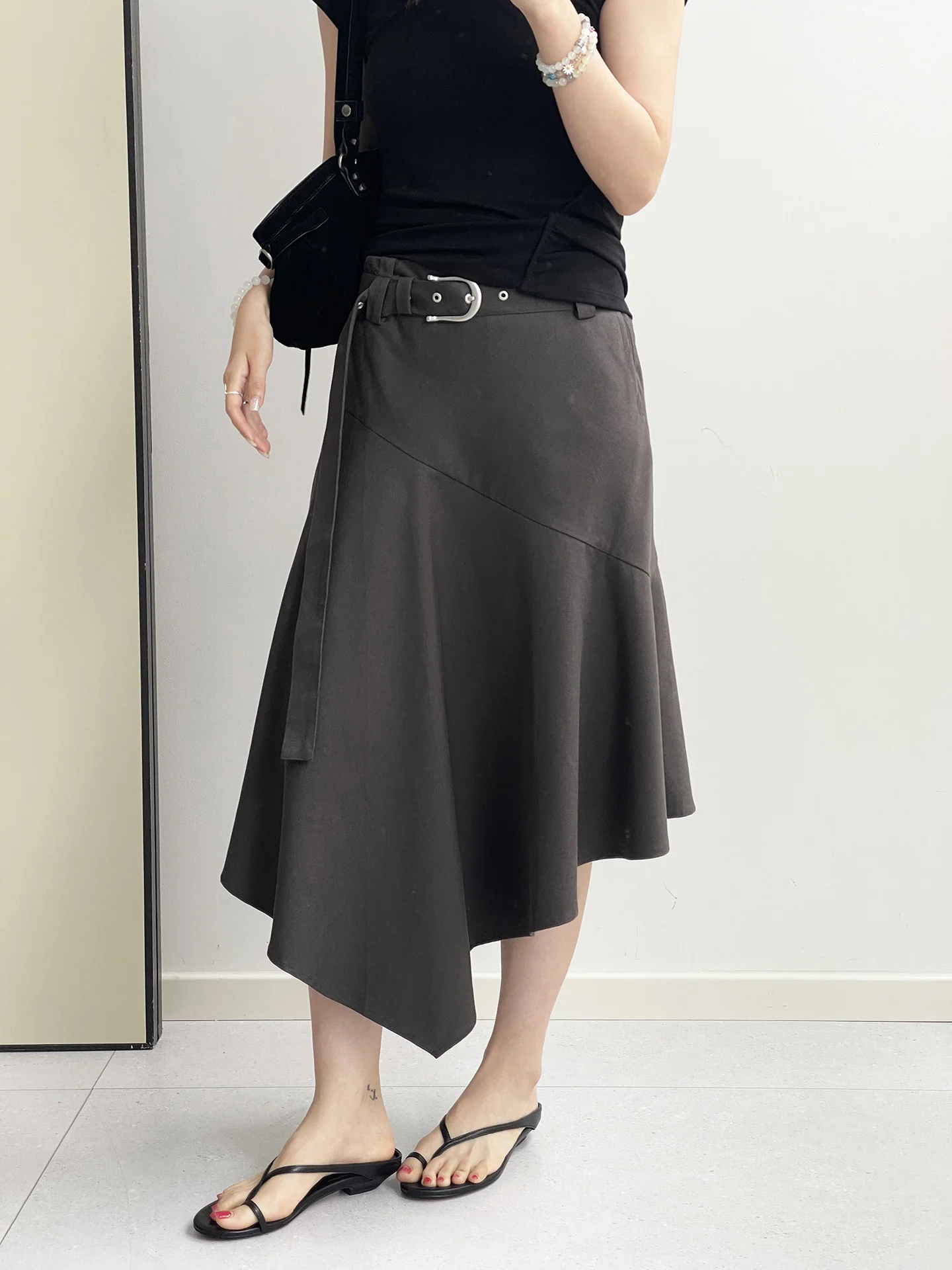 3D Tailored Mid-Length Asymmetric Hem Belted Skirt Two Colors High Waist Umbrella Skirt Lenzing Lyocell Cotton Blend Skirt
