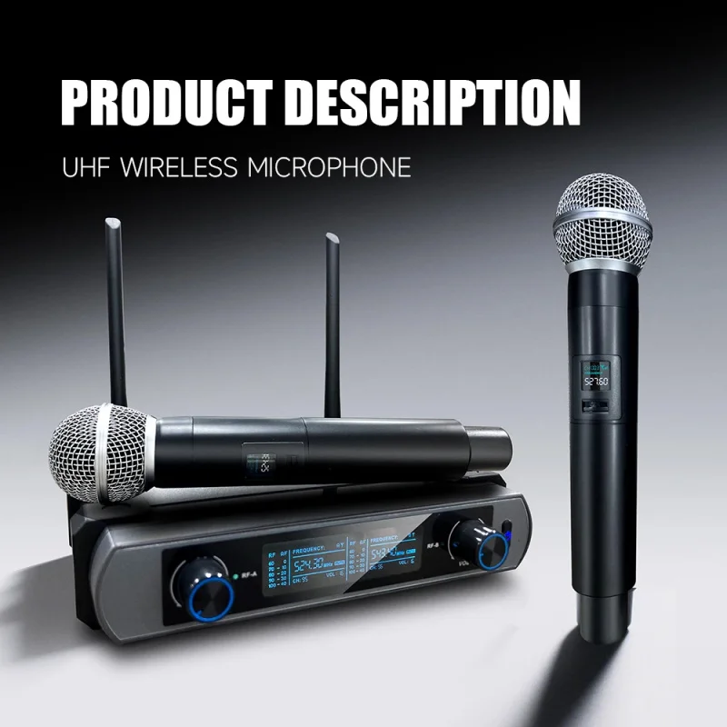 Professional 2 Channel UHF Wireless Microphone System Dual Handheld Mics for Karaoke Stage Performance