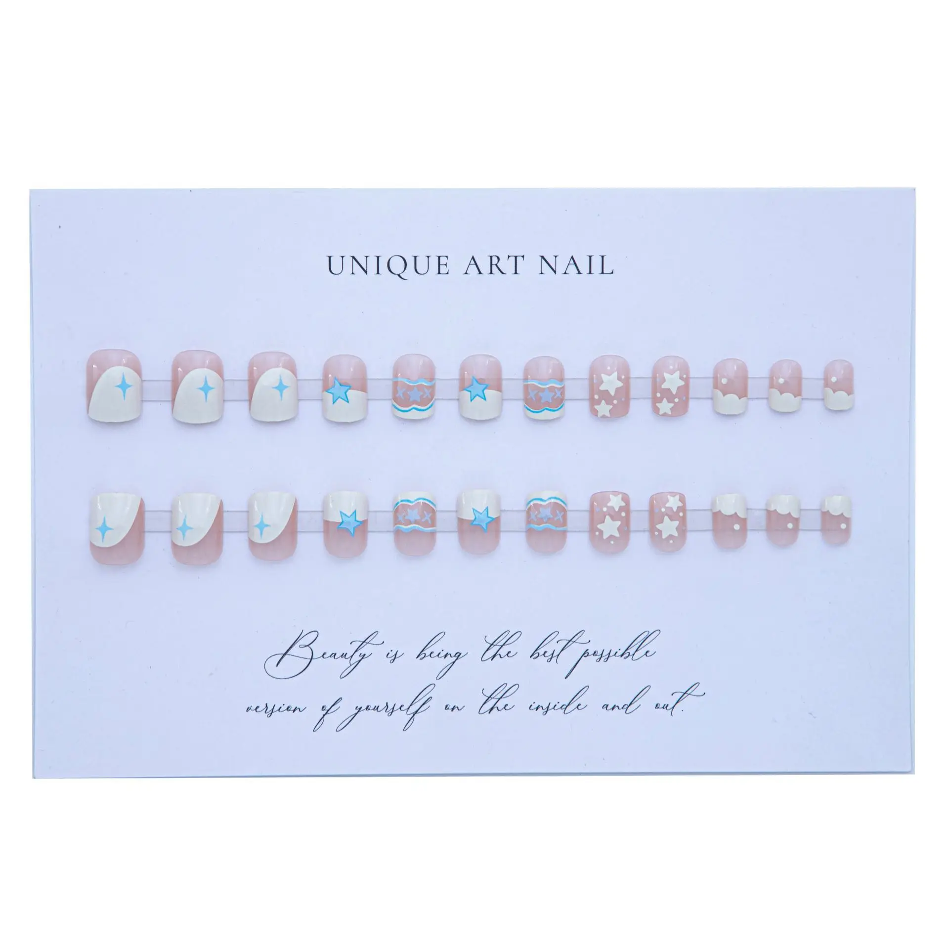 Small Fresh Short Star Frozen Yogurt White Sky Blue Line Wearing Nail Enhancement Patch Women Removable Nail Patch