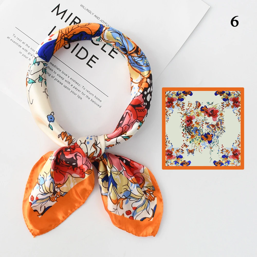 Floral Print Satin Silk Scarf Women Square Neck Tie Scarves Female Hair Hand Foulard Small Shawl Wrap Hijab Bandana 50*50Cm