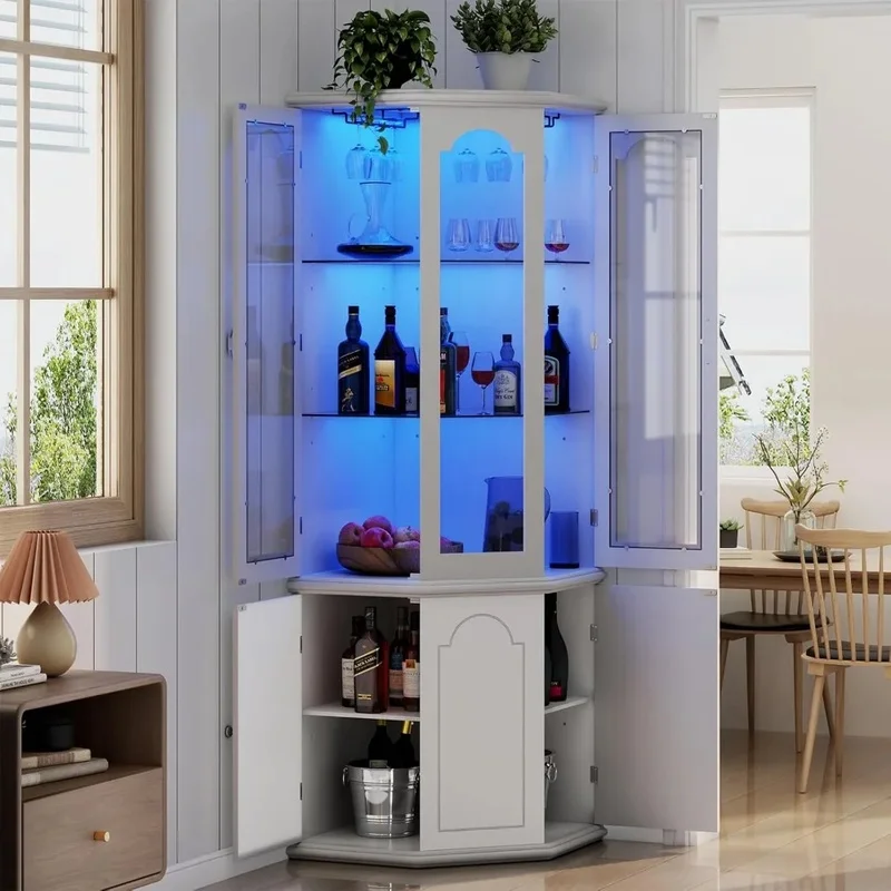 

Modern Tall Wine Cabinet with LED Lights, Tempered Glass Door, Adjustable Shelves, Home Bar Liquor Storage Solution