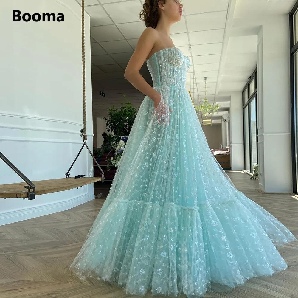 Booma Baby Aqua Sequined Tulle Prom Dresses Sweetheart Illusion Ankle-Length Evening Party Gowns Flowing A-Line Formal Dresses