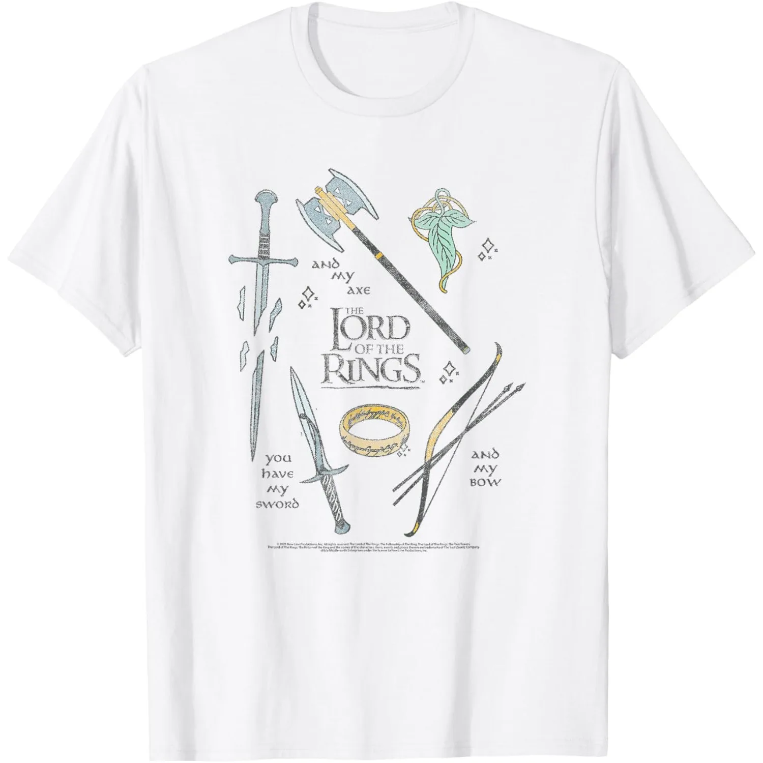 

Lord of the Rings Fellowship Weapons Grid Graphic T-Shirt Crewneck Cotton Short Sleeve Tee