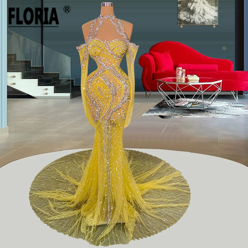 Luxury Major Beadings Crystal Mermaid Formal Evening Dresses Long Sleeves Sparkly Sequin Tulle Celebrity Wedding Party Gowns