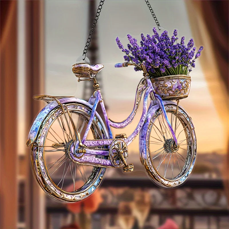 Atrapasueños de luz de bicicleta de lavanda encantador, 8 pulgadas x 8 pulgadas con cesta de flores, perfecto para decoración del hogar y el jardín, 1 ud.