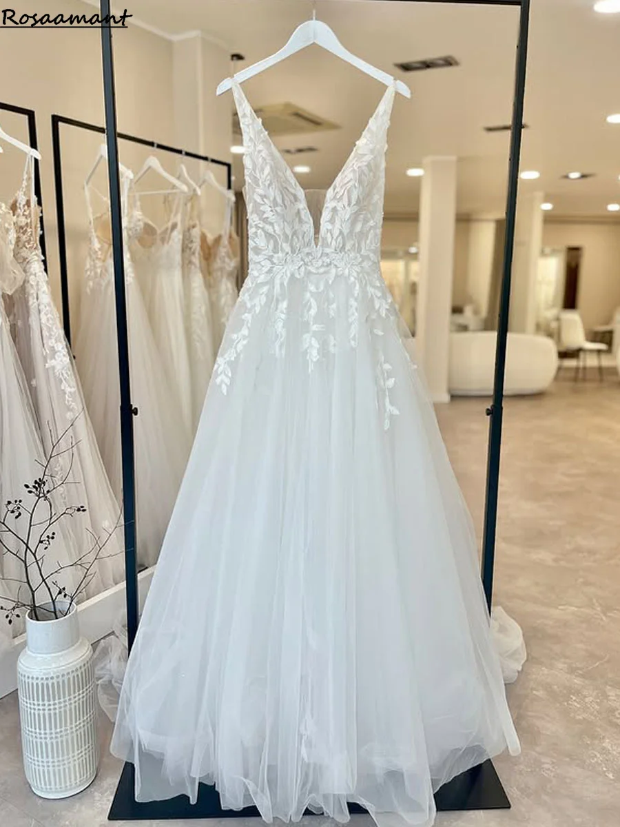 Кружевные свадебные платья в стиле бохо, трапециевидные аппликации без рукавов, сексуальные свадебные платья с v-образным вырезом, 2025 г., пышные тюлевые свадебные платья