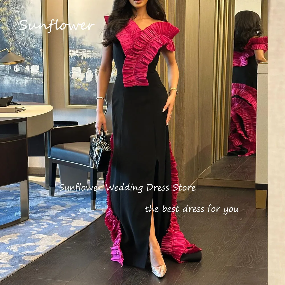 Sunflower Simple Fuchsia Satin Off The Shoulder 2024 Slim Black Crepe Ocassion Gown Floor-Length Formal Evening Dress