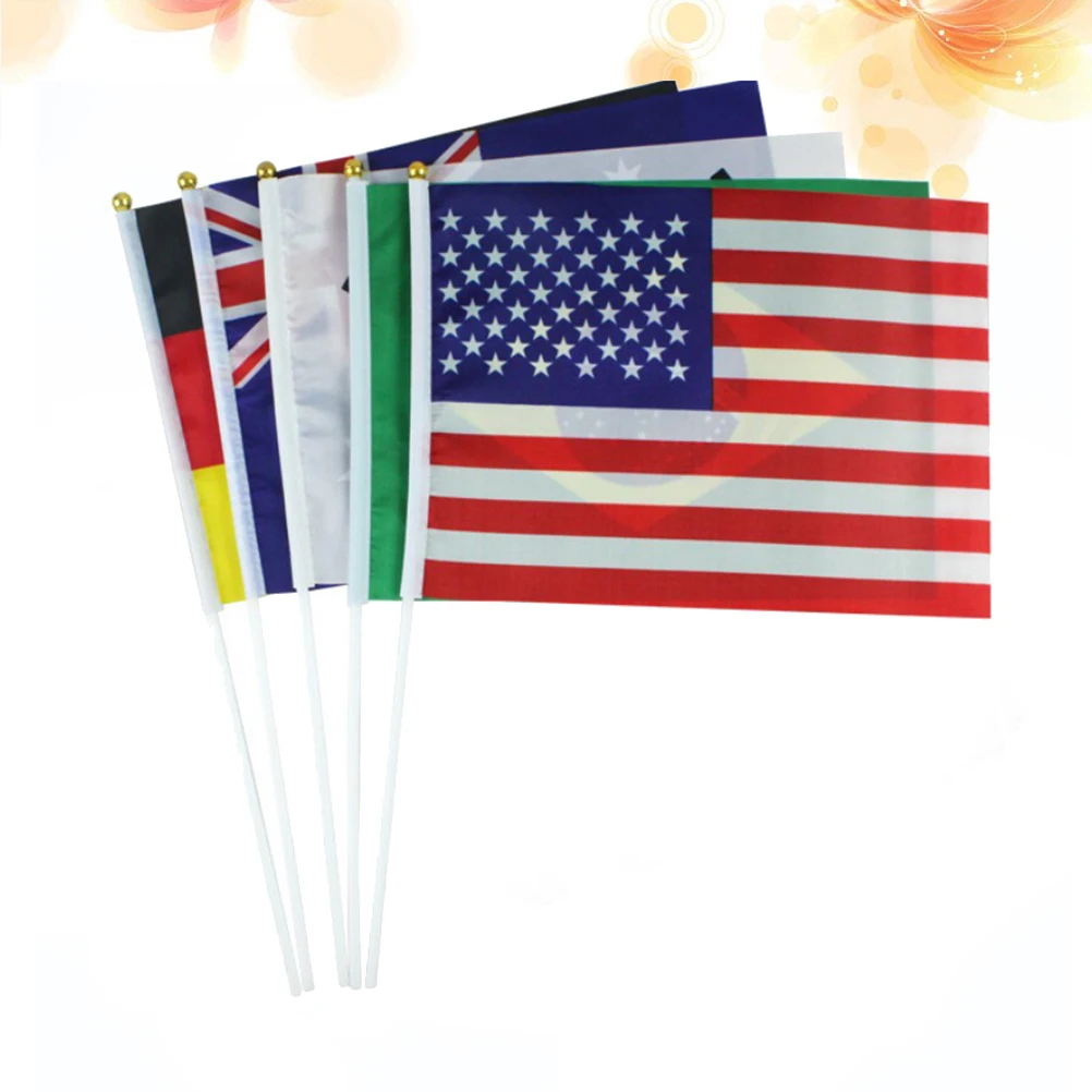 

50pcs Handheld Mini National Flags Stick Polyester Plastic Portable Lightweight Cheer International Sports Party Garden