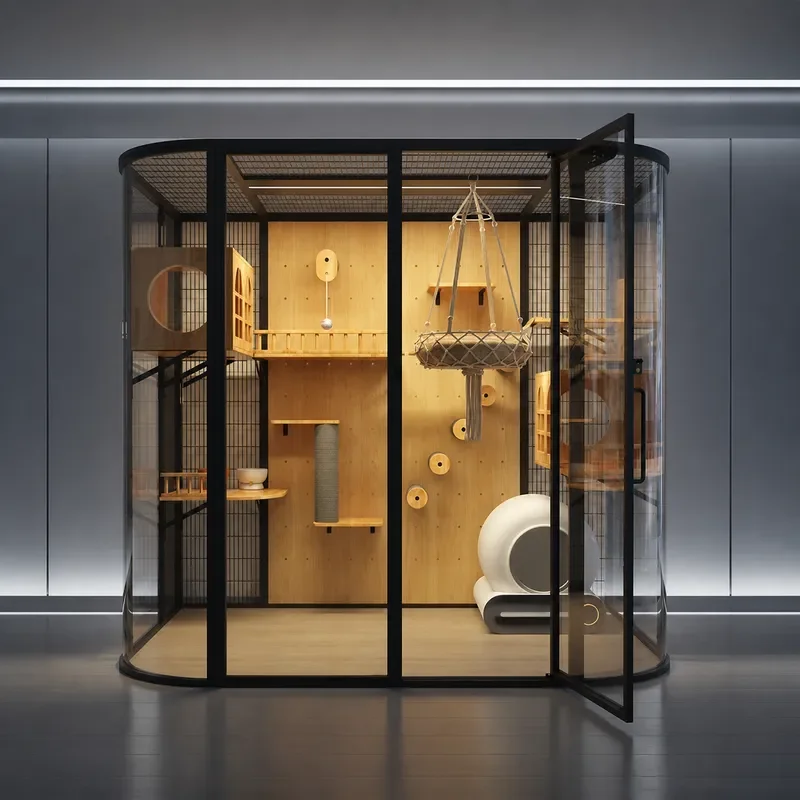 Meow Zan Kirin Cat Cage Villa Panoramic Glass Solid Wood DIY Nest Pet House