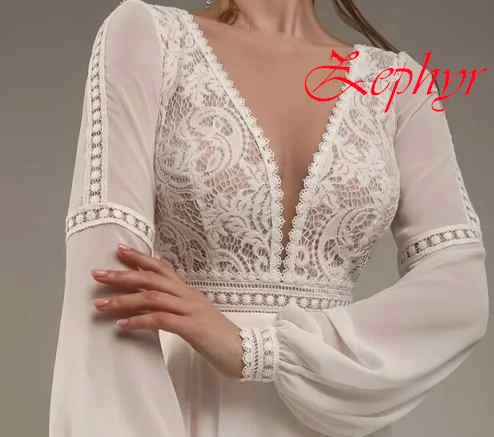 Vestido De Novia De manga larga con cuello en V De gasa blanca personalizado, vestidos De Novia De temperamento suave bohemio, Vestido De Novia De encaje, tren De barrido