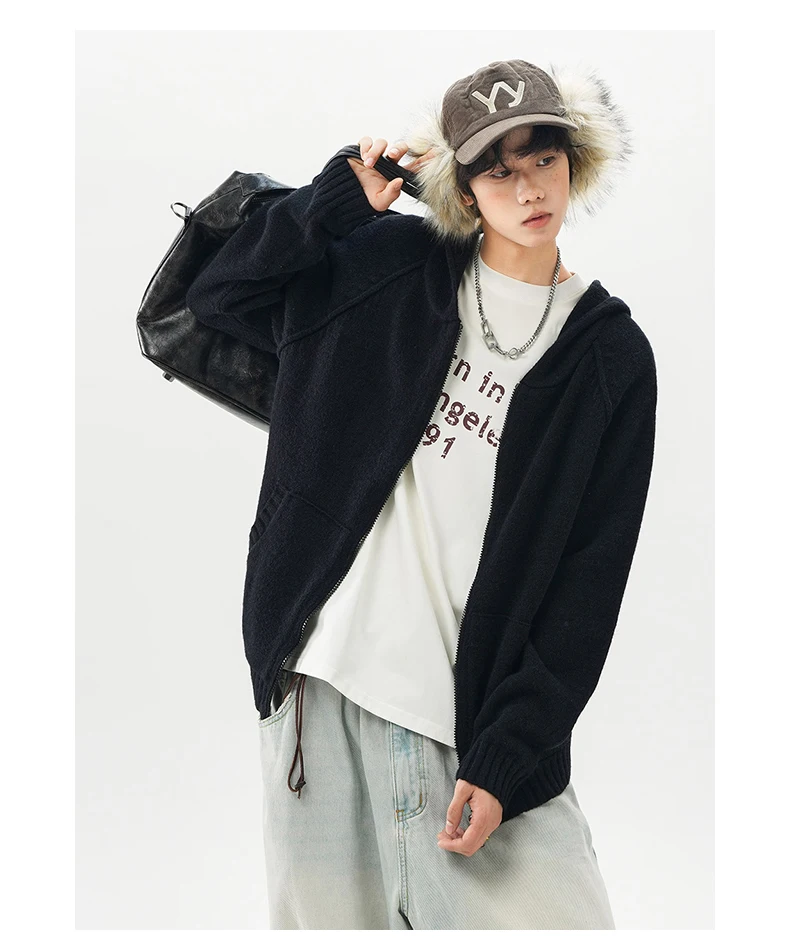 American Retro Gray Sweater Jacket Stylish Men's Autumn Winter New High-end Youth Trendy Hooded Knitwear