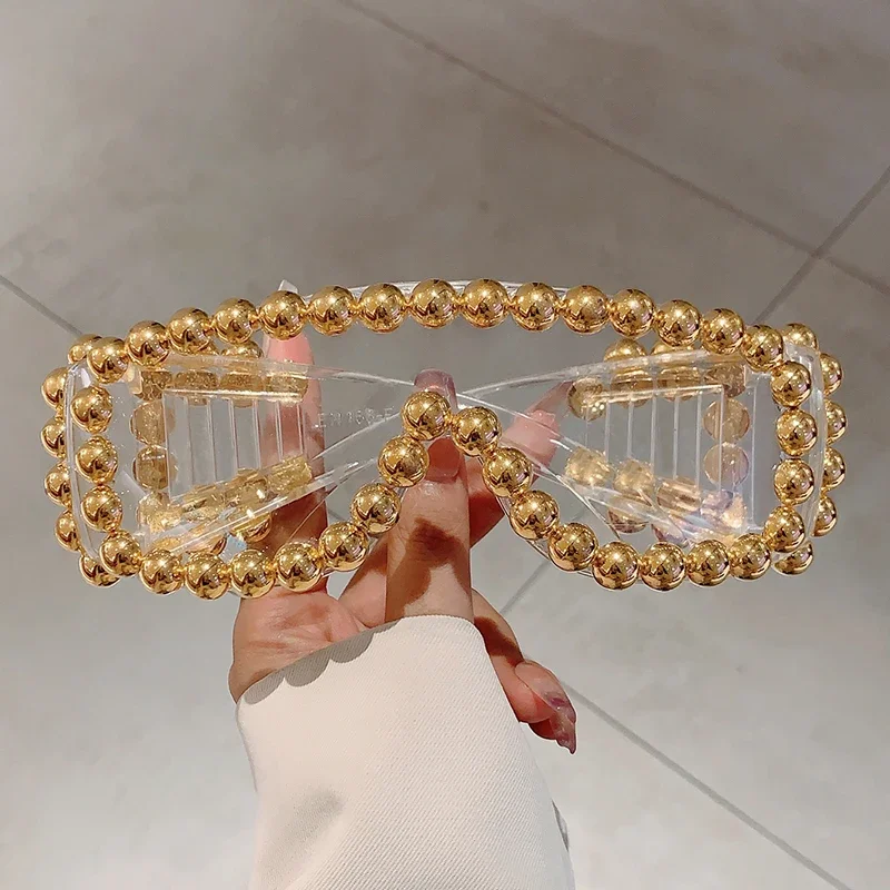 KAMMPT Women Chic Pearls Warp Around Sun Glasses Stylish Candy Color Decor Shades Original Brand Design Travel Holiday Goggle