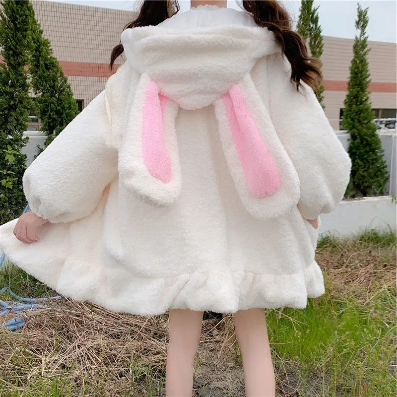 Flannel Bunny Ears Hoodies For Woman Winter Kawaii Women\'s Sweatershirt Fluffy Warm Winter Pullover Rabbit Jumper Hoddie