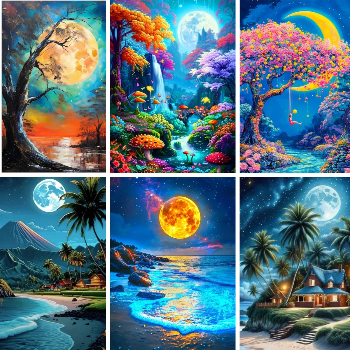 

Tropical Moon Beach Wall Art , DIY 5D Diamond Painting Kits for Adults , Coastal Paradise Wall Decor ,Tree Ocean Landscape