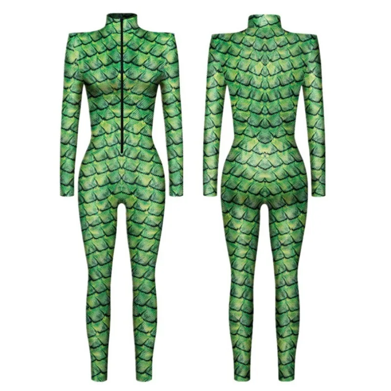 Animal Scales Peacock Feather Snake Skin Interesting 3D Punk Gothic Women Sexy Halloween Slim Jumpsuit Cosplay Costume Bodysuit