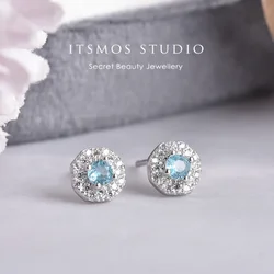 ITSMOS Aqua Apatite Earrings Blue Ear Studs Crystal Tiny Diamond Natural Gemstone Round Halo Earrings for Women Mother Gift